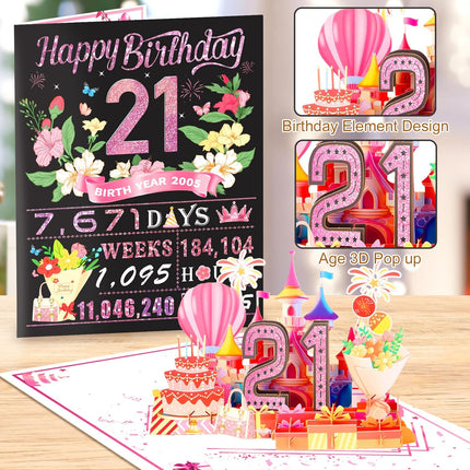 21st Birthday Card,3D Pop Up Funny 21st Birthday Decorations for Girls Granddaughter Sister,Happy 21 Year Old Birthday Gift for Daughter,Great 21Year Old Gifts Idea for Her,Jumbo Rose Glod In 2005
