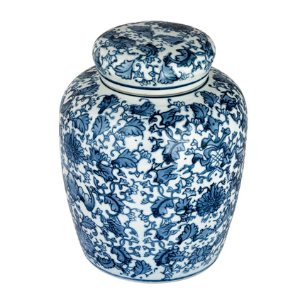 Small Decorative Ceramic Ginger Jar with Lid, Blue and White Floral Pattern