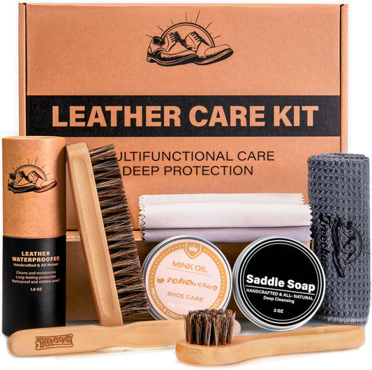 Leather Boot Care Kit – Mink Oil, Saddle Soap for Leather, Shoe Brush, Waterproof Wax, Leather Cleaner and Conditioner