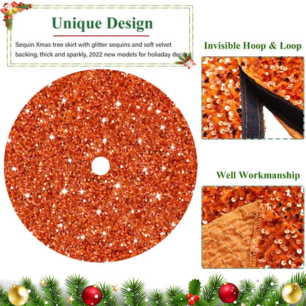 Orange Christmas Tree Skirt 21 Inch Fall Tree Skirt Sequin Velvet Tree Skirt Mini Xmas Tree Skirts Halloween Tree Decoration Glitter Christmas Tree Cover Skirt Mat for Holiday Christmas Tree Ornaments
