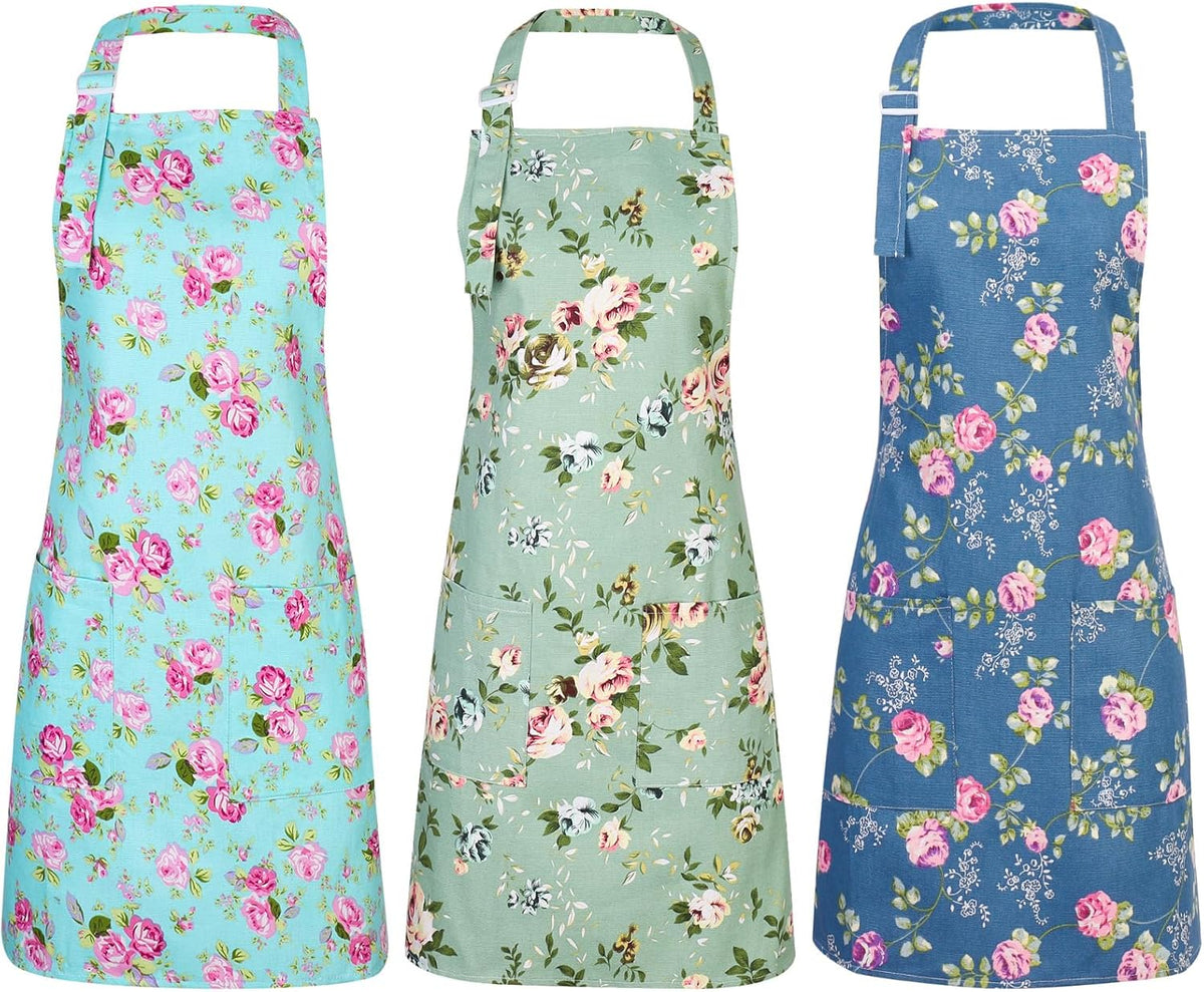 3 Pack Floral Adjustable Aprons with Pockets for Women