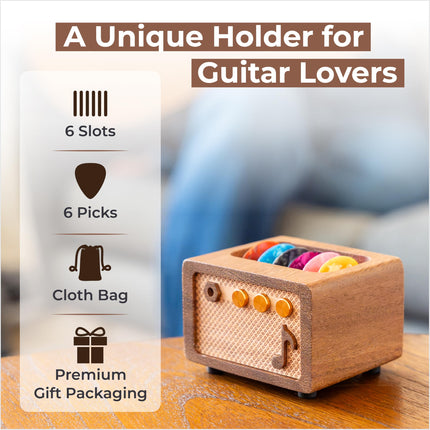 Soporte para púas de guitarra con 6 púas, estuche de nogal estilo amplificador vintage, para guitarristas y músicos