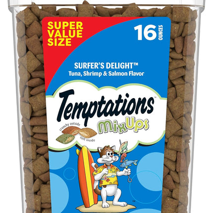 Temptations Cat Treats MixUps Surfer's Delight, Tuna, Shrimp, Salmon Flavor, Crunchy and Soft Cat Treats, 16 oz. Tub