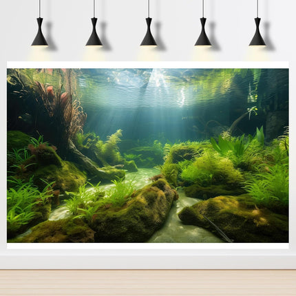 Ocean Floor Fish Tank Background Underwater Stone Aquarium Background Under Water Background Cave Sunlight Fish Tank Backdrop Decoration Aquarium Backdrop Durable Vinyl 48x24in
