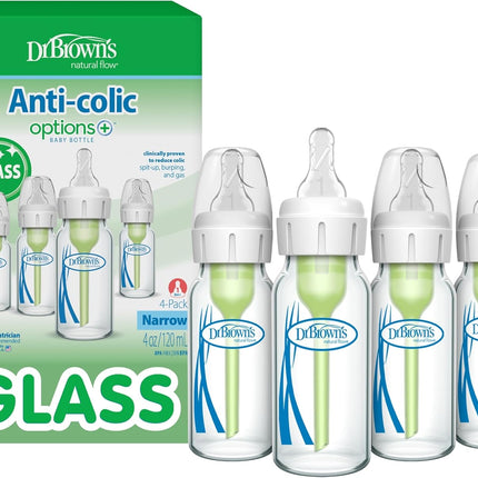 Dr. Brown's Anti-Colic Options+ Narrow Glass Baby Bottle with Level 1 Slow Flow Nipple, BPA-Free, 4 oz/120mL, 4-Pack