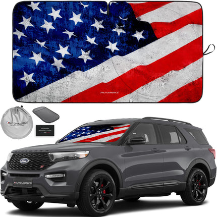 1-Piece Windshield Sun Shade Grunge American Flag - 4 USA Design - Foldable Car Front Window Sunshade for Most Sedans SUV Truck - Blocks Max UV Rays and Keeps Your Vehicle Cool - Medium