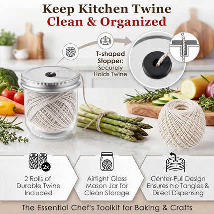Dreyoo Kitchen Twine with Glass Mason Jar Dispenser, 2 Pack 216FT Cooking Twine, 2MM Natural Cotton Butcher Twines for Meat, Turkey, Roast & Kitchen Use, Center Pull Butcher Twines for Cooking (White)