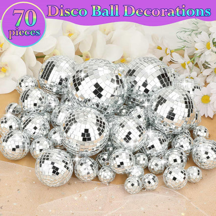 70 PCS Disco Ball, 5 Sizes Disco Ball Ornaments, 4/3.2/2.4/2/1.2 Inch Hanging Mirror Ball, Mini Disco Balls Cake Topper Disco Themed Party Wedding Christmas Tree Decor Holiday Party Supplies