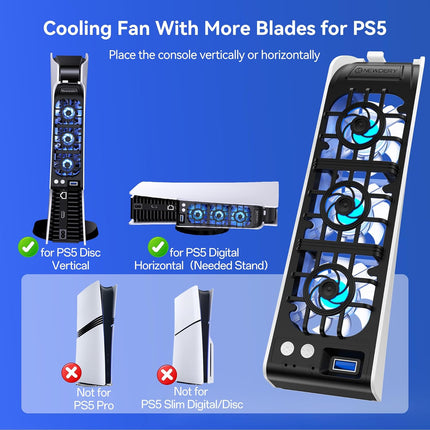 NEWDERY Cooling Fan for PS5, Upgraded 9-Blades & Larger Fan Quiet Cooler with Auto Speed, Extra USB3.0 Port & LED Light for PS5 Only, Not for PS5 Slim/Pro, White