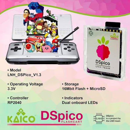 Kaico Edition DSPico DS Flash Cart / DS Flash Card (R4 Upgrade) for Nintendo DS & DSi – Includes 8GB Micro SD – LNH Team Open-Source Design, RP2040 MCU Powered, Dual Power, 6MB/s SD Read, DS Mode & Pico Launcher Support