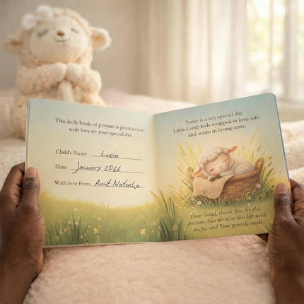 Baptism Gift for Boy or Girl Baptism Set with 10" Praying Lamb Plush Toy, Bamboo Muslin Blanket & First Prayer Book, Ready to Gift Keepsake Box