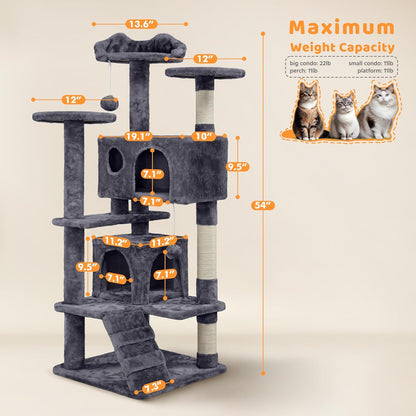 54in Cat Tree, Multi-Level Cat Tower with Spacious Kitten-ear Perch, 2 Cozy Caves, Scratching Posts - photo 3