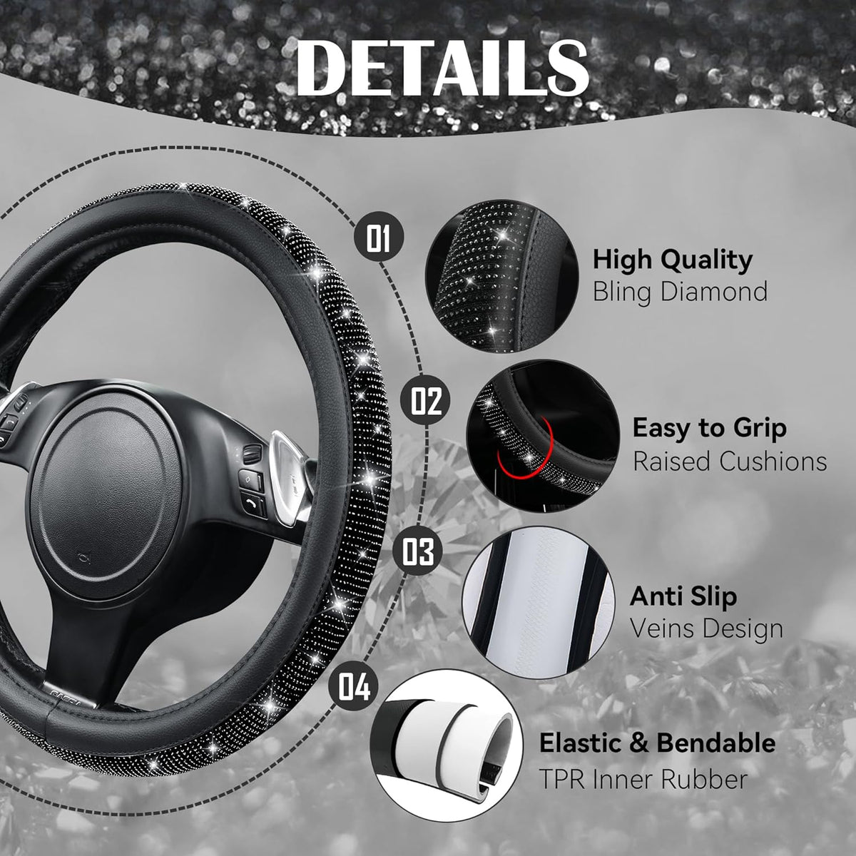 Black Diamond Rhinestone Leather Steering Wheel Cover - photo 4