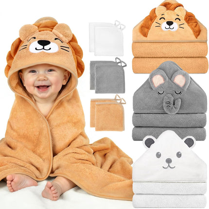 CandyHome 9 PCS Baby Bath Towels for Infants Toddlers, 3 PCS Animal Hooded Baby Towels & 6 PCS Washcloths Set, Ultra Absorbent Soft Cute Newborn Bath Essentials Gifts for Boys & Girls