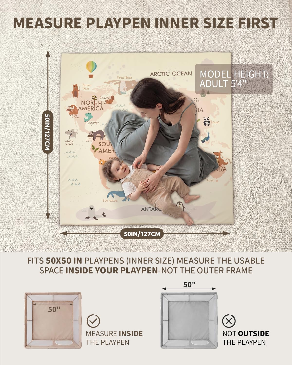 Baby Play Mat for Floor 50x50, 1.5” Thick Vegan Leather Crawling Mat with Removable Cover, Waterproof - photo 3