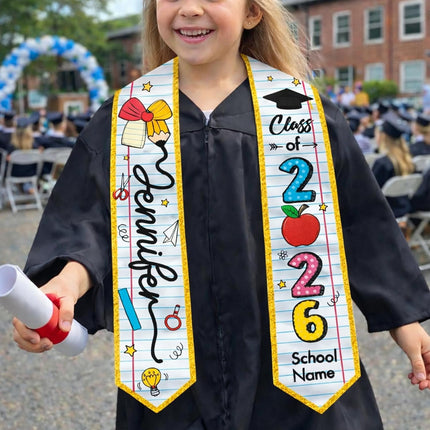 Personalized Kids Graduation Stole 2026 with Name & School – Custom Preschool Kindergarten Grad Sash, 3 Fun Styles, 16 Glitter Edge Colors, Class of 2026 Stole for Pre-K Elementary Boys Girls