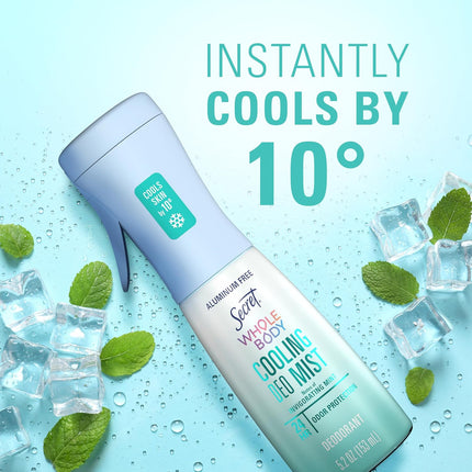 Secret Cooling Aluminum Free Whole Body Deodorant Mist for Women, 24hr Odor Protection, Instant Cooling Relief, Soothes & Revitalizes Skin, PH Balanced Formula, Invigorating Mint Scent, 5.2 fl oz