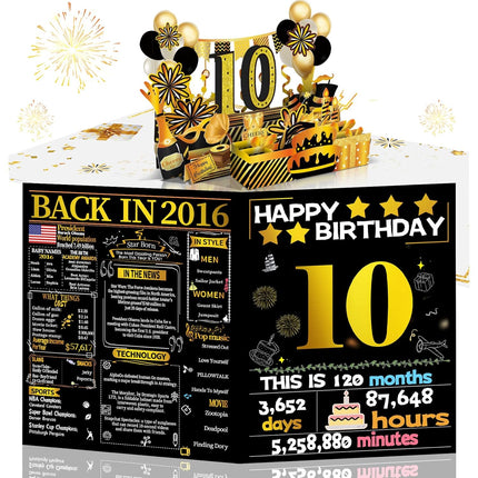 Joycard 10th Birthday Card for Girl Boy, 3D Pop Up Happy Birthday Gift for Daughter Son, Funny 10 Year Old Birthday Decorations for Grandson Granddaughter, Back in 2016 Laser Gold Retro Theme