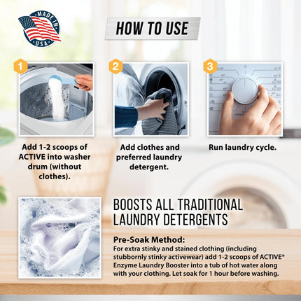 Enzyme Laundry Booster Odor Remover - 2 lbs Unscented Enzymatic Clothes Stain Cleaner Powder, Natural Deodorizer with Bio Enzymes, Detergent Additive Eliminator for Sweat, Oil, Blood - 64 Loads