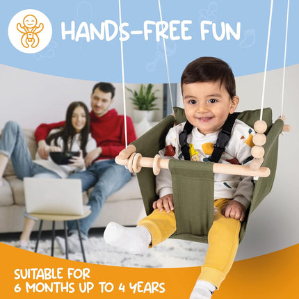 Indoor Outdoor Baby Swing with 3-Point Harness and Hardware for Ceiling, Porch, Doorway, Canvas Toddler Swing Seat Green