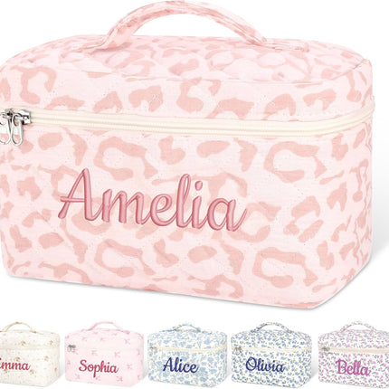 Personalized Large Quilted Makeup Bag for Women,Custom Cotton Travel Cosmetic Bag with Embroidered Name,Cute Toiletry Organizer Bag Bridesmaid Birthday Gift
