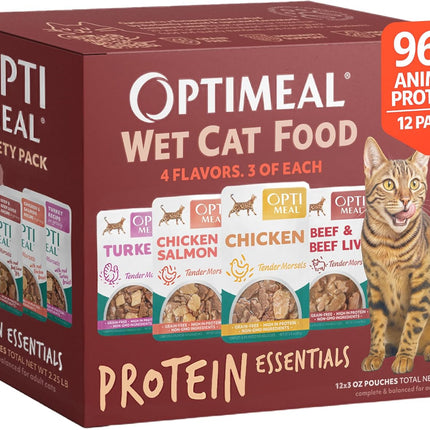 Optimeal Wet Cat Food Variety Pack - Savory Protein Selection, Grain Free Tender Morsels, High Protein Premium Nutrition Made with Natural European Ingredients, Adult Cat Pouches 3oz (Pack of 12)