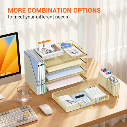 OPNICE Desk Organizers and Accessories, 4-Tier Office Desk Accessories & Workspace Organizers with Drawer and Pen Holder, Desktop Paper Tray File Organizer for Home Office Supplies, Gold