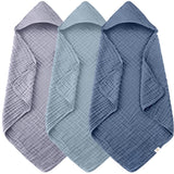 3-Pack Muslin Hooded Baby Towels, 100% Cotton, Ultra-Soft & Absorbent Baby Bath Towels with Hood for Babies, Infant, Toddler and Newbron (Grey and Navy Blue Series,32" x 32")