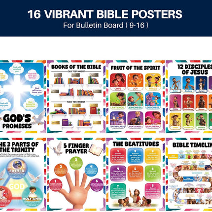 16pcs Bible Posters for Kids, 11x14in Sunday School Decorations for Classroom, Laminated Christian Wall Art with Glue Dots, Waterproof Books of the Bible Scripture Educational Prints for Homeschool