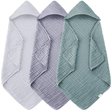 3-Pack Muslin Hooded Baby Towels, 100% Cotton, Ultra-Soft & Absorbent Baby Bath Towels with Hood for Babies, Infant, Toddler and Newbron (Grey and Navy Blue Series,32" x 32")