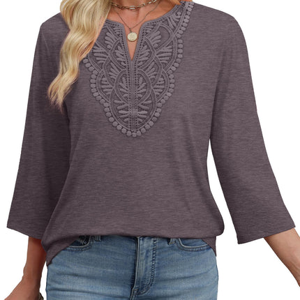 3/4 Length Sleeve Womens Tops Boho V Neck Lace Shirt Blouses Casual Vacation Clothes S-3XL
