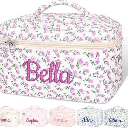 Personalized Large Quilted Makeup Bag for Women,Custom Cotton Travel Cosmetic Bag with Embroidered Name,Cute Toiletry Organizer Bag Bridesmaid Birthday Gift