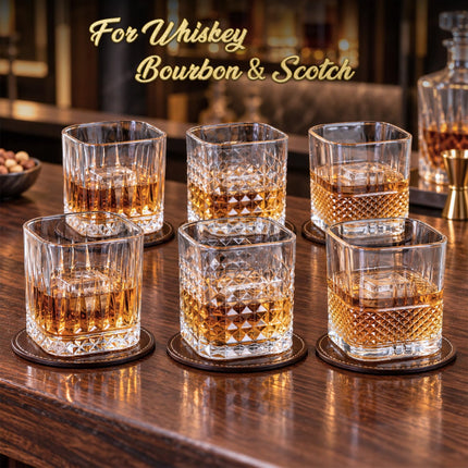 Whiskey Glasses Set of 6, Square Rocks Glasses for Bourbon & Rum Cocktails