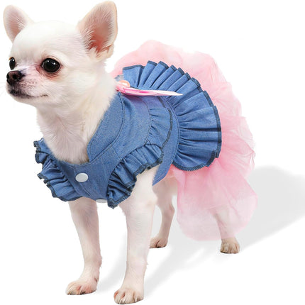 Dog Dress, Fashion Puppy Tutu Princess Dresses for Small Dogs Girl, Sweet Skirt with Dog Bowknot Clips, Spring Dog Cat Clothes Pet Apparel (Denim Princess Dress, XX-Small)