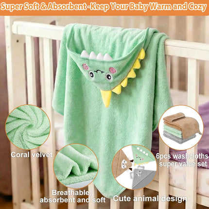 CandyHome 9 PCS Baby Bath Towels for Infants Toddlers, 3 PCS Animal Hooded Baby Towels & 6 PCS Washcloths Set, Ultra Absorbent Soft Cute Newborn Bath Essentials Gifts for Boys & Girls