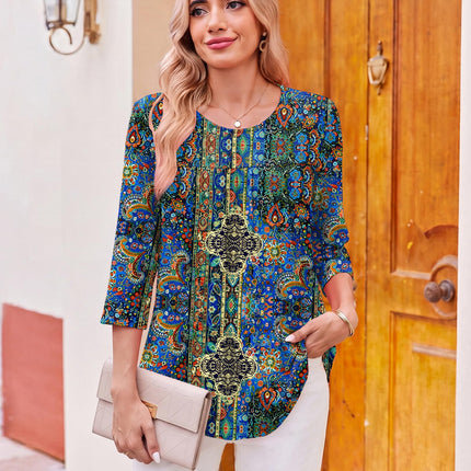 Womens 3/4 Length Sleeve Tops Boho Blouses Casual Pleated Shirts
