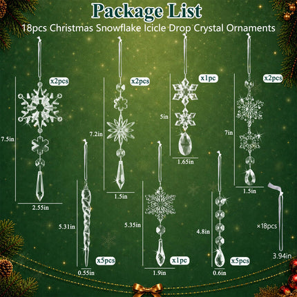 Crystal Christmas Tree Ornaments, Clear Acrylic Snowflake & Icicle, 18pcs