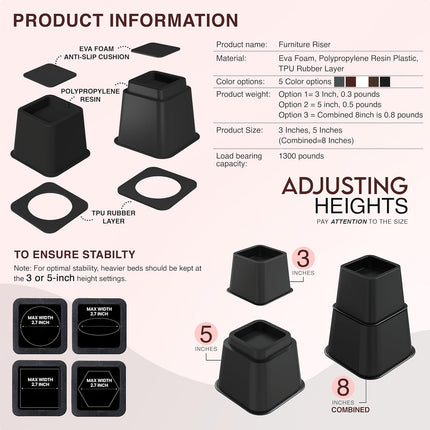 Adjustable Bed Risers 3 & 5 Inch, 4 Pack, Black — Supports up to 1,300 lbs