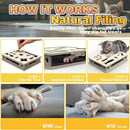 Cat Scratch Puzzle Enrichment Box, Interactive Cat Nail File Box with Sandpaper Liner for Cat Claw Care, Cat Scratch Puzzle Box - Stress Free Alternative to Clippers & Grinders for Indoor Cats