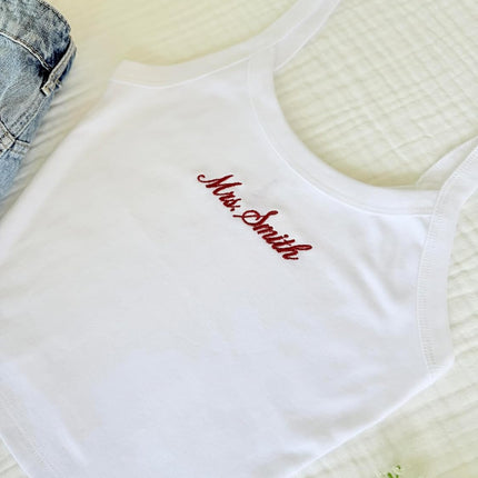 Embroidered Spaghetti Strap Tank Top, Mrs. Tank, Bride T-Shirt, Bridal Shower Gift, Engagement Gift, Bridal Tank Top White