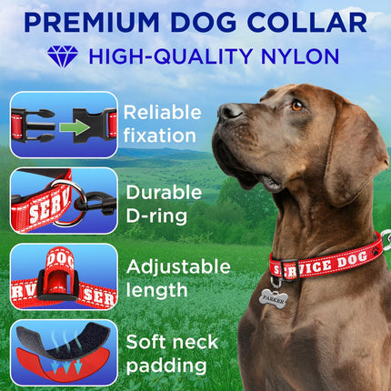 TECEUM Reflective Pet Collar – Red - Service Dog – S – Extra Soft Padding – Basic Nylon Dog Collar – Quick Release Buckle – Fits Small, Medium and Large Dogs, Puppies, Cats