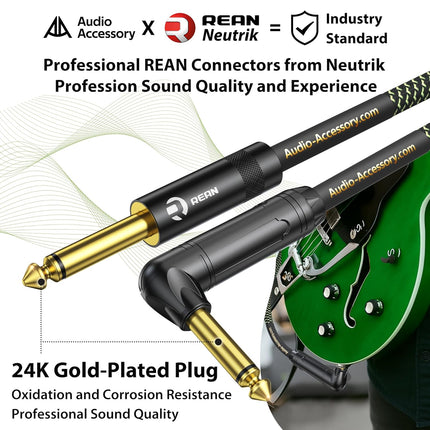 Pro Bass Guitar Cable 6 ft, Gold-Plated Neutrik REAN Connector, Low Capacitance 99.99% 18AWG OFC, Kevlar-Reinforced 1/4 Inch Instrument Cable for Fender Combo Electric Amp Rumble Marshall, Right Angle