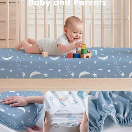 Pack and Play Sheets for Boys Girls, 38" x 26" Mini Crib Sheets Fitted for Pack n Play Mattress, Soft Breathable Playard Sheets, 2-Pack Blue Rocket