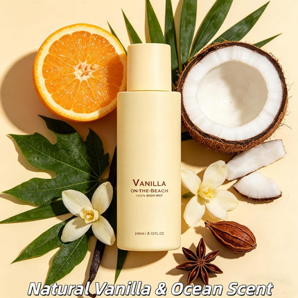 Vanilla on the Hair and Body Mist, Beach Fragrance Spray, Natural Vanilla & Ocean Scent, Long-Lasting Fresh Fragrance, Lightweight & Non-sticky, Portable Hair and Body Spray (1pcs)