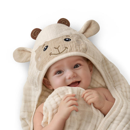 Muslin Baby Hooded Towel 2 Pack, Soft & Absorbent Bath Towel for Infant, Toddler, Unisex, Baby Gift, Newborn Essentials, Bear & Lamb