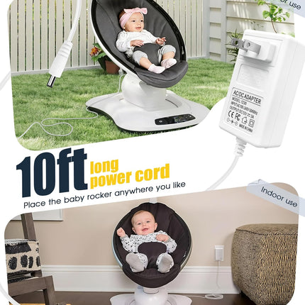 10ft Power Cord for 4moms mamaRoo 4/2, 12V 3A Charger for RockaRoo Baby Swing, mamaRoo 2015 Infant Seat/Model 1037, 1026, 4M-005 3m Charging Cable, AC Adapter