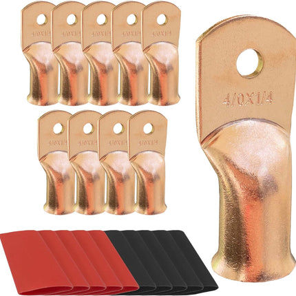 10pcs 4/0 AWG-1/4 Ring Battery Lugs, Copper Lugs, Battery Cable Ends, Tubular Ring Terminals, Crimp Wire Ring Lugs, Battery Terminal Connectors with Heat Shrink Tubing (10, 4/0 Awg - 1/4" (M6) Ring)
