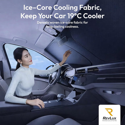 RevLux Car Windshield Sun Shade SUV & Sedan – UPF 2000+ Sun Protection & 99.95% UV Blocking Ice-Core Cooling Fabric | Zero Light Leakage Black Glue Layer | Heat Insulation Car Sun Shade (55"x31")