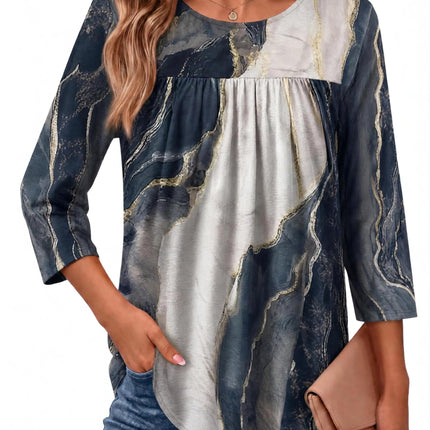 Womens 3/4 Length Sleeve Tops Boho Blouses Casual Pleated Shirts
