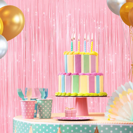 Pastel Pink Metallic Fringe Curtains 2 Pack, Tinsel Backdrop for Parties